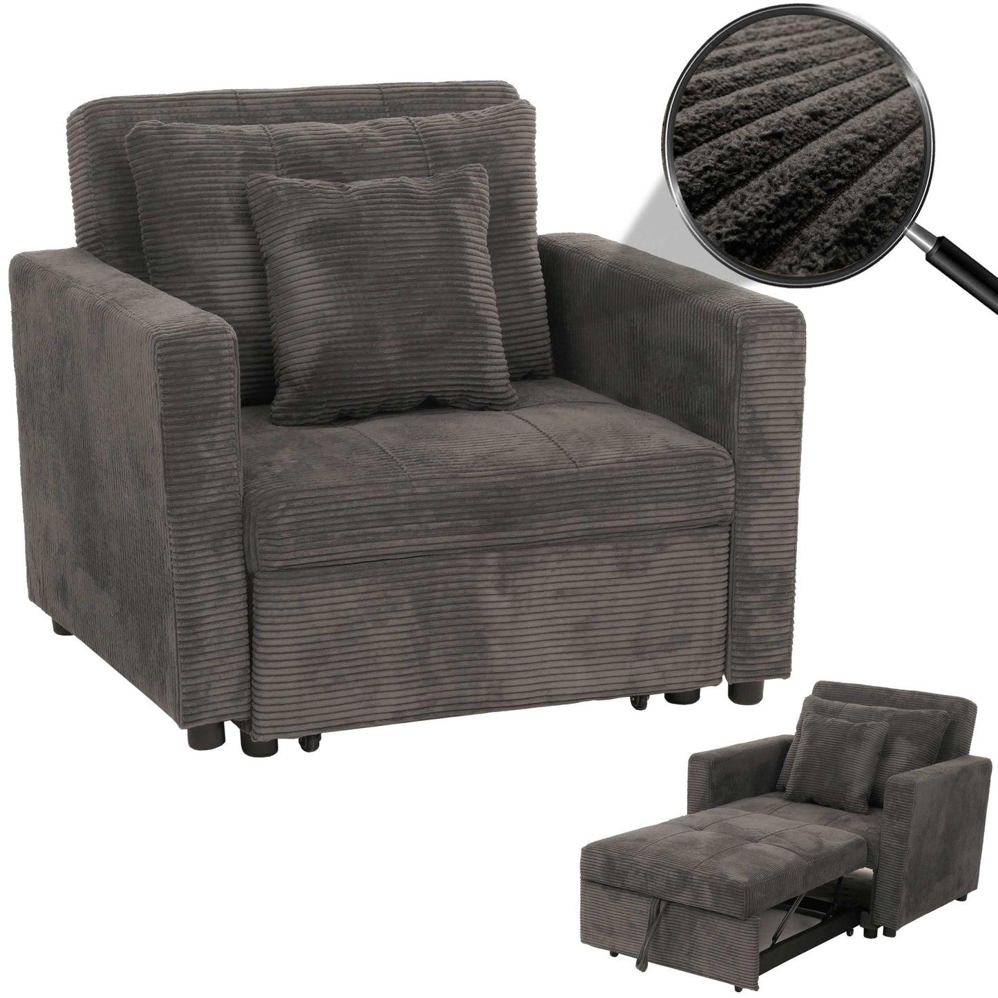 Cosmo Casa - Slaapstoel - Klapstoel - Logeerbed - Relaxstoel - Ligvlak 200x100cm - Stofkoord - Donkergrijs