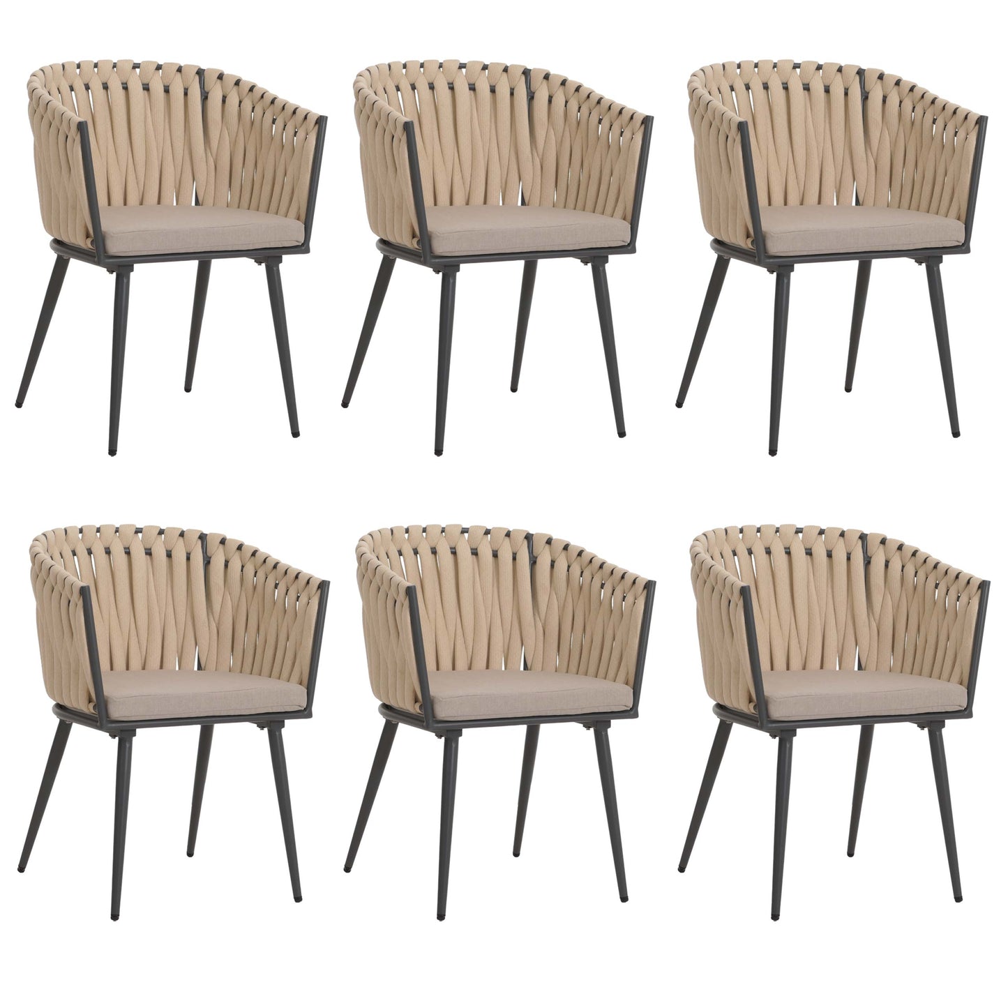 Cosmo Casa - Set van 6 Eetkamerstoelen - Binnenstoelen met Armleuning - Aluminium Frame - Olefin Touwgaas - Crème Kussen - Lichtbruin