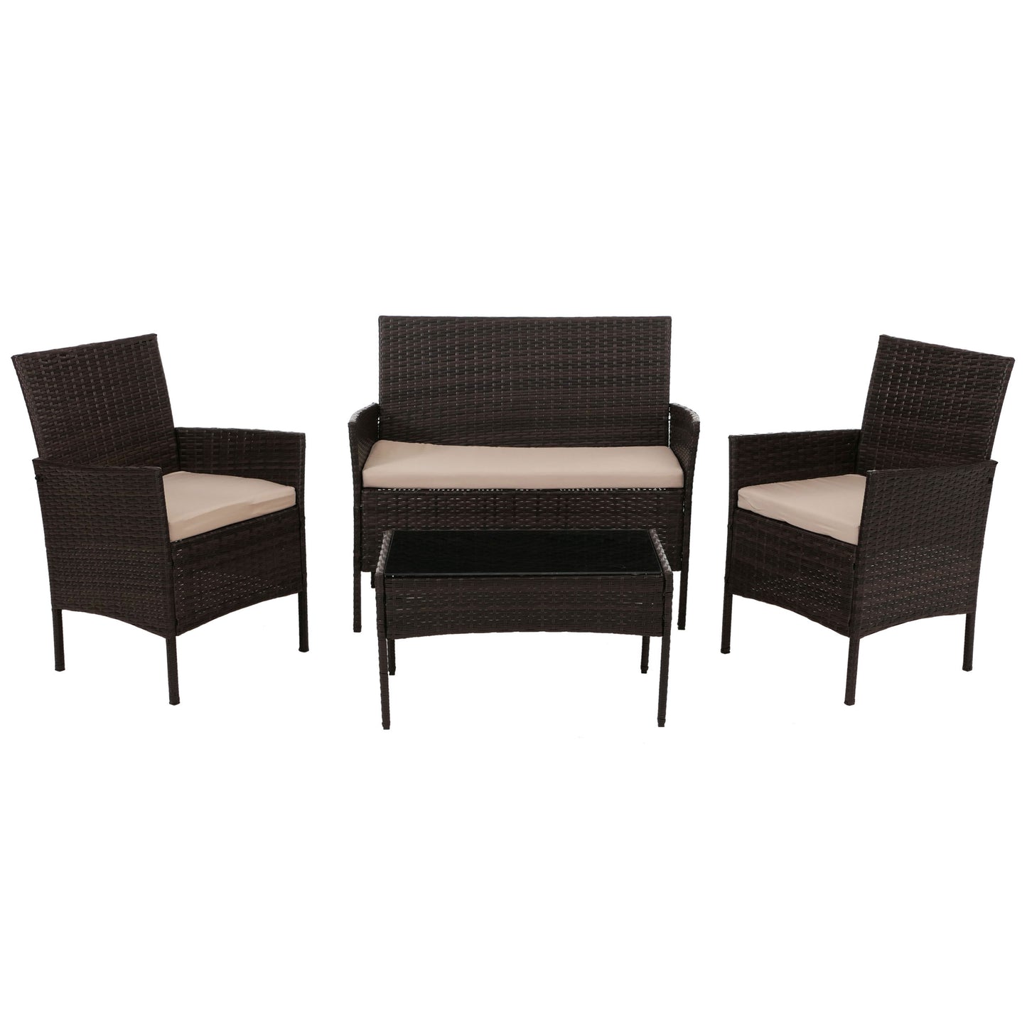 Cosmo Casa - Poly Rattan Tuinset - Metalen Frame met Glastextiel - Bruin - Crème Kussens