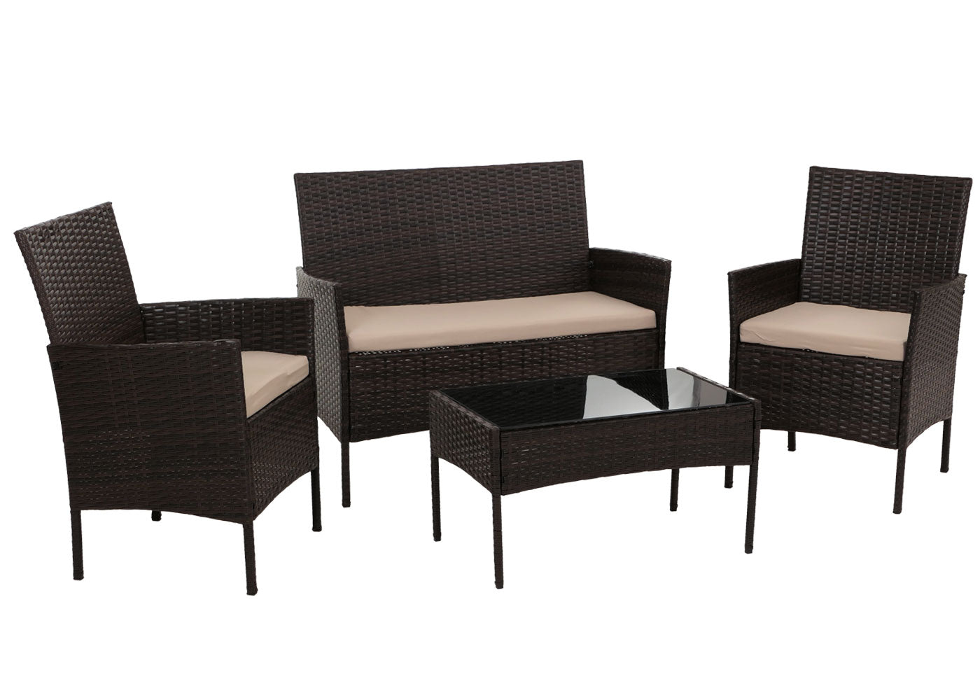 Cosmo Casa - Poly Rattan Tuinset - Metalen Frame met Glastextiel - Bruin - Crème Kussens