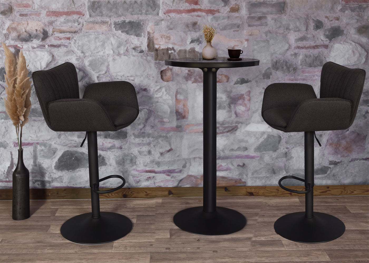 Cosmo Casa - Set van 2 Barkrukken - Draaibaar met Armleuning en Voetsteun - Textiel IJzer FSC - Zwart met Donkerbruine Voet