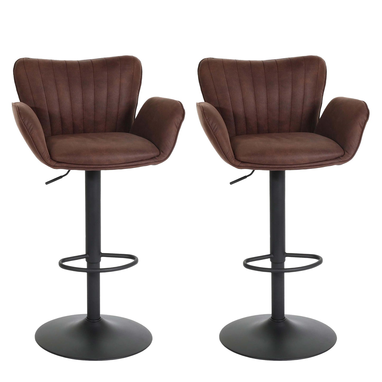 Cosmo Casa - Set van 2 Barkrukken - Draaibaar met Armleuning en Voetsteun - Textiel IJzer FSC - Zwart met Donkerbruine Voet