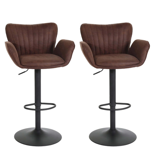 Cosmo Casa - Set van 2 Barkrukken - Draaibaar met Armleuning en Voetsteun - Textiel IJzer FSC - Zwart met Donkerbruine Voet