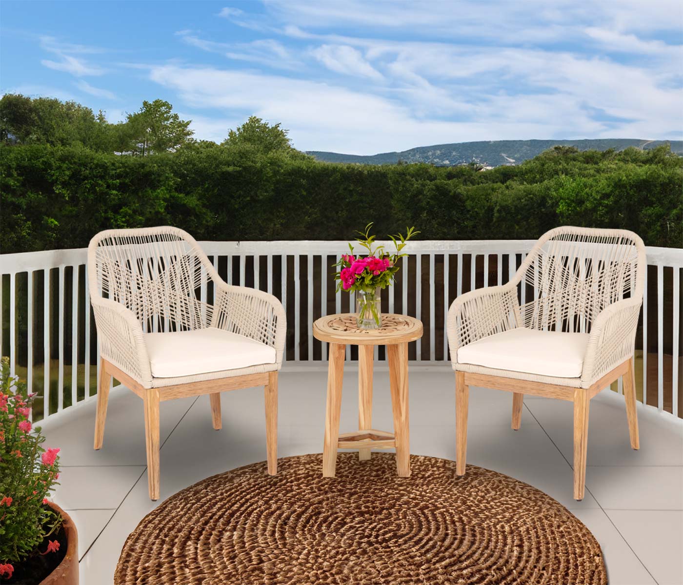 Cosmo Casa - Set van 2 Buitenfauteuils - Weerbestendig Touwgaas - Acaciahout - Beige Kussens - Crèmewit