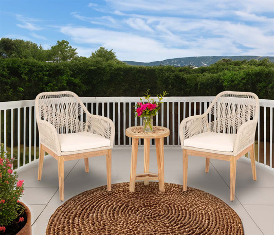 Cosmo Casa - Set van 2 Buitenfauteuils - Weerbestendig Touwgaas - Acaciahout - Beige Kussens - Crèmewit