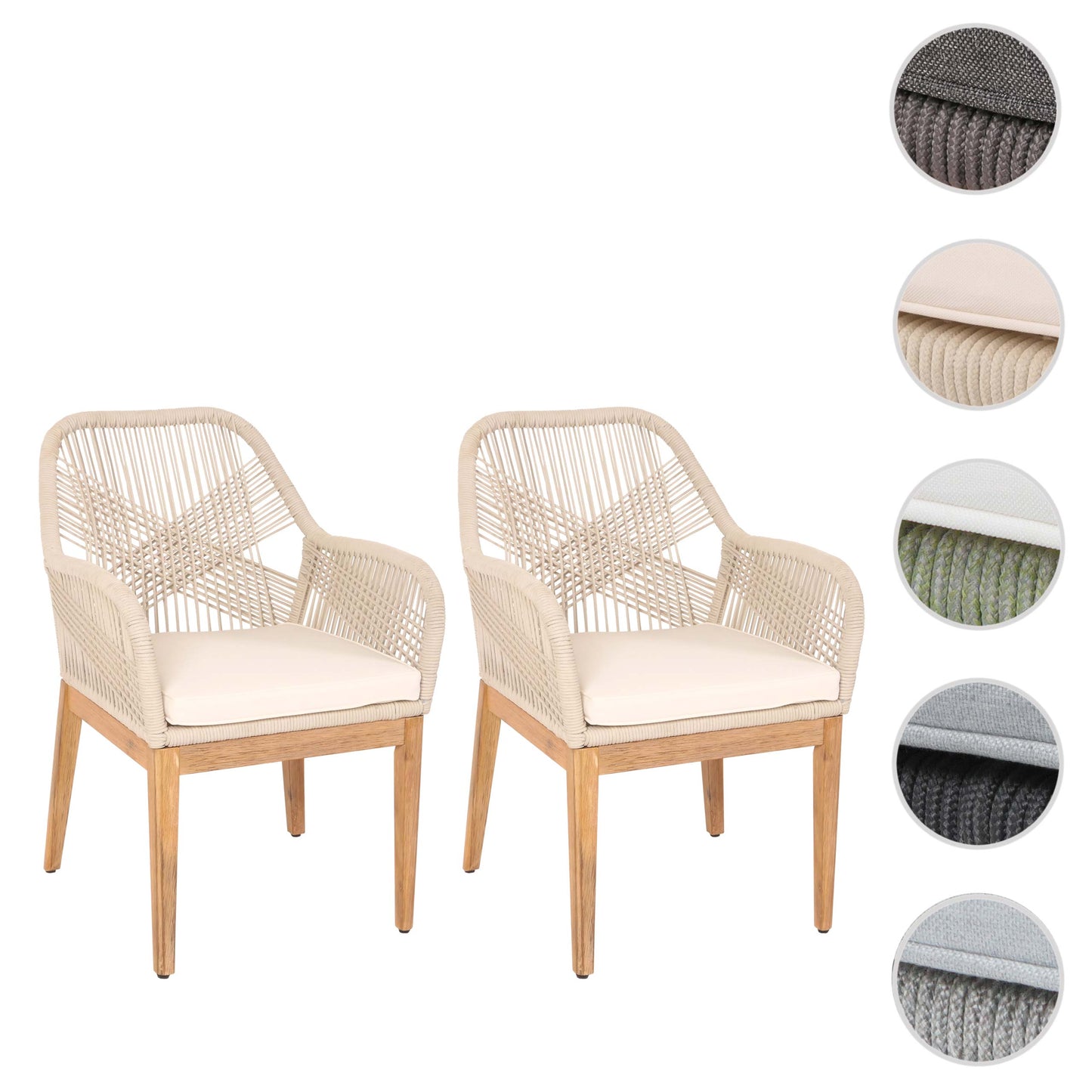 Cosmo Casa - Set van 2 Buitenfauteuils - Weerbestendig Touwgaas - Acaciahout - Beige Kussens - Crèmewit