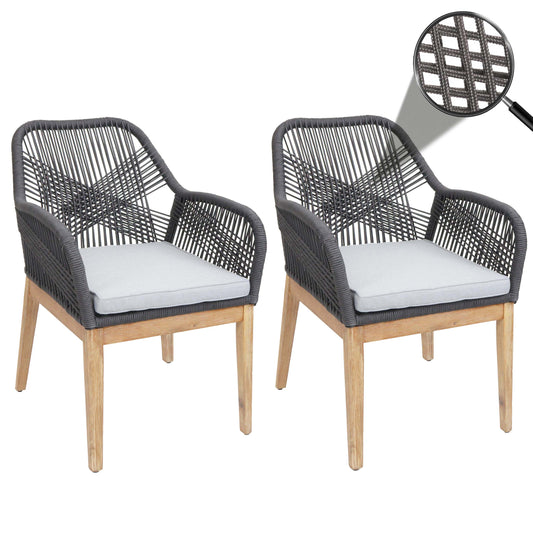 Cosmo Casa - Set van 2 Buitenfauteuils - Weerbestendig Touwgaas - Acaciahout - Donkergrijze Kussens - Lichtgrijs Frame