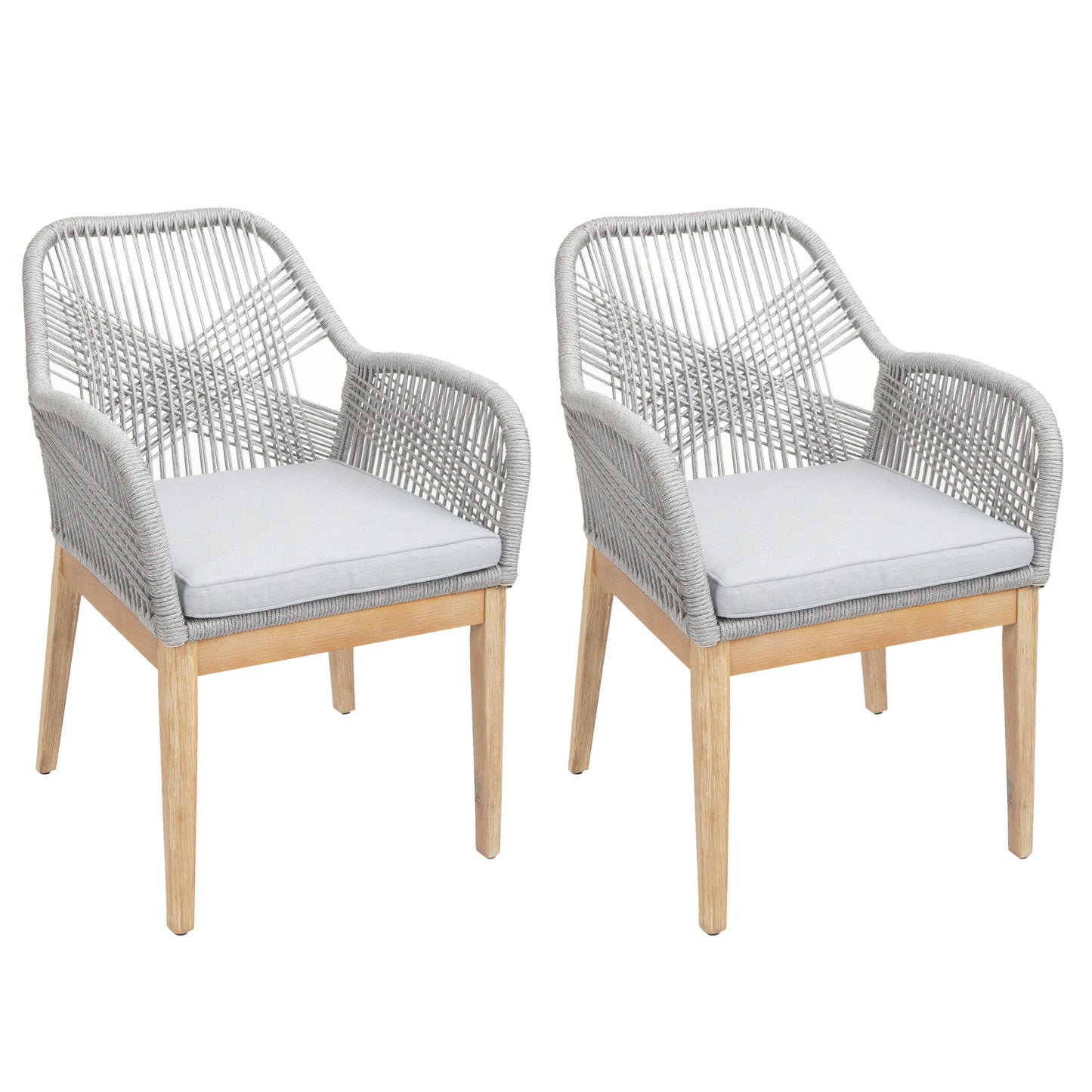 Cosmo Casa - Set van 2 Buitenfauteuils - Weerbestendig Touwgaas - Acaciahout - Lichtgrijze Kussens - Lichtgrijs Frame