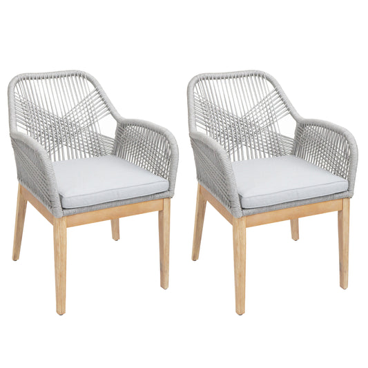 Cosmo Casa - Set van 2 Buitenfauteuils - Weerbestendig Touwgaas - Acaciahout - Lichtgrijze Kussens - Lichtgrijs Frame