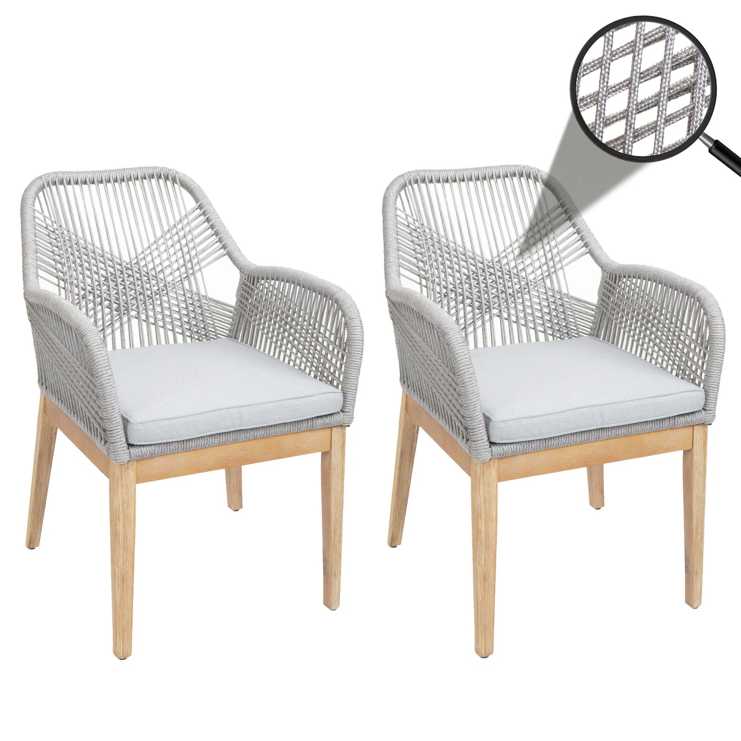 Cosmo Casa - Set van 2 Buitenfauteuils - Weerbestendig Touwgaas - Acaciahout - Lichtgrijze Kussens - Lichtgrijs Frame