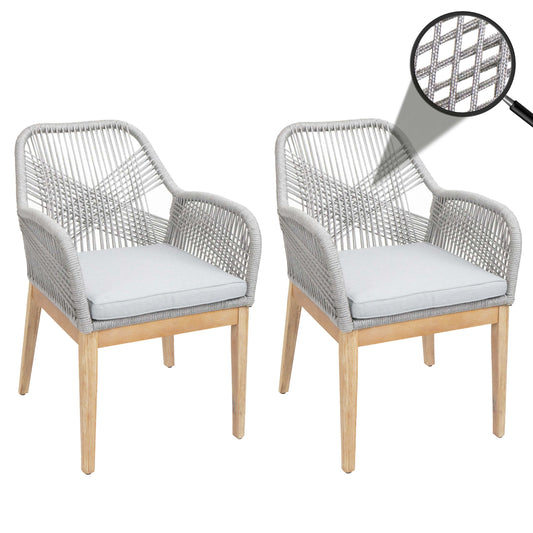Cosmo Casa - Set van 2 Buitenfauteuils - Weerbestendig Touwgaas - Acaciahout - Lichtgrijze Kussens - Lichtgrijs Frame