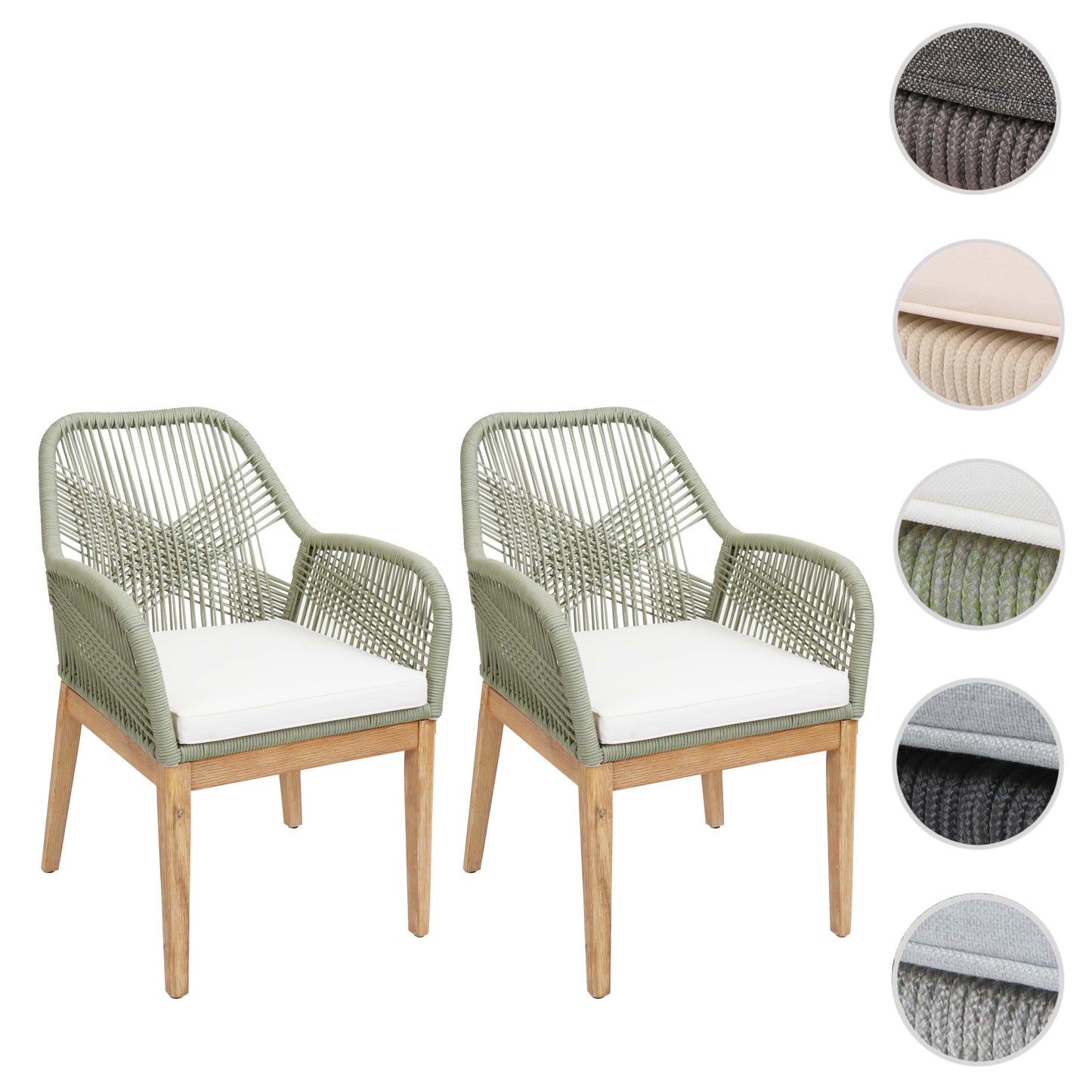 Cosmo Casa - Set van 2 Buitenfauteuils - Weerbestendig Touwgaas - Acaciahout - Crème Kussens - Groen Frame