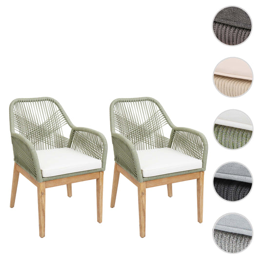 Cosmo Casa - Set van 2 Buitenfauteuils - Weerbestendig Touwgaas - Acaciahout - Crème Kussens - Groen Frame