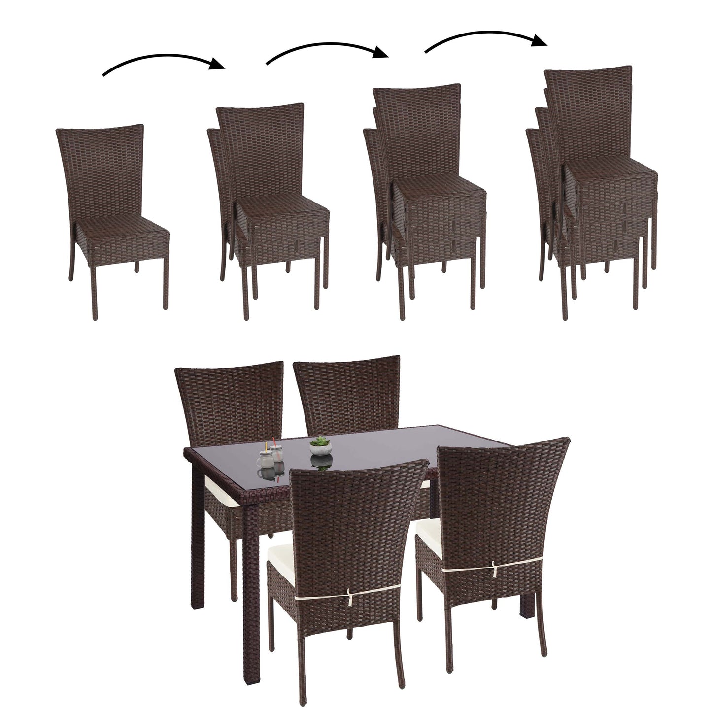 Cosmo Casa - Poly rattan balkon/loungeset - Zitgroep met 4 stoelen en tafel - Poly rattan - Bruin - Crème kussens - 120 x 75 cm