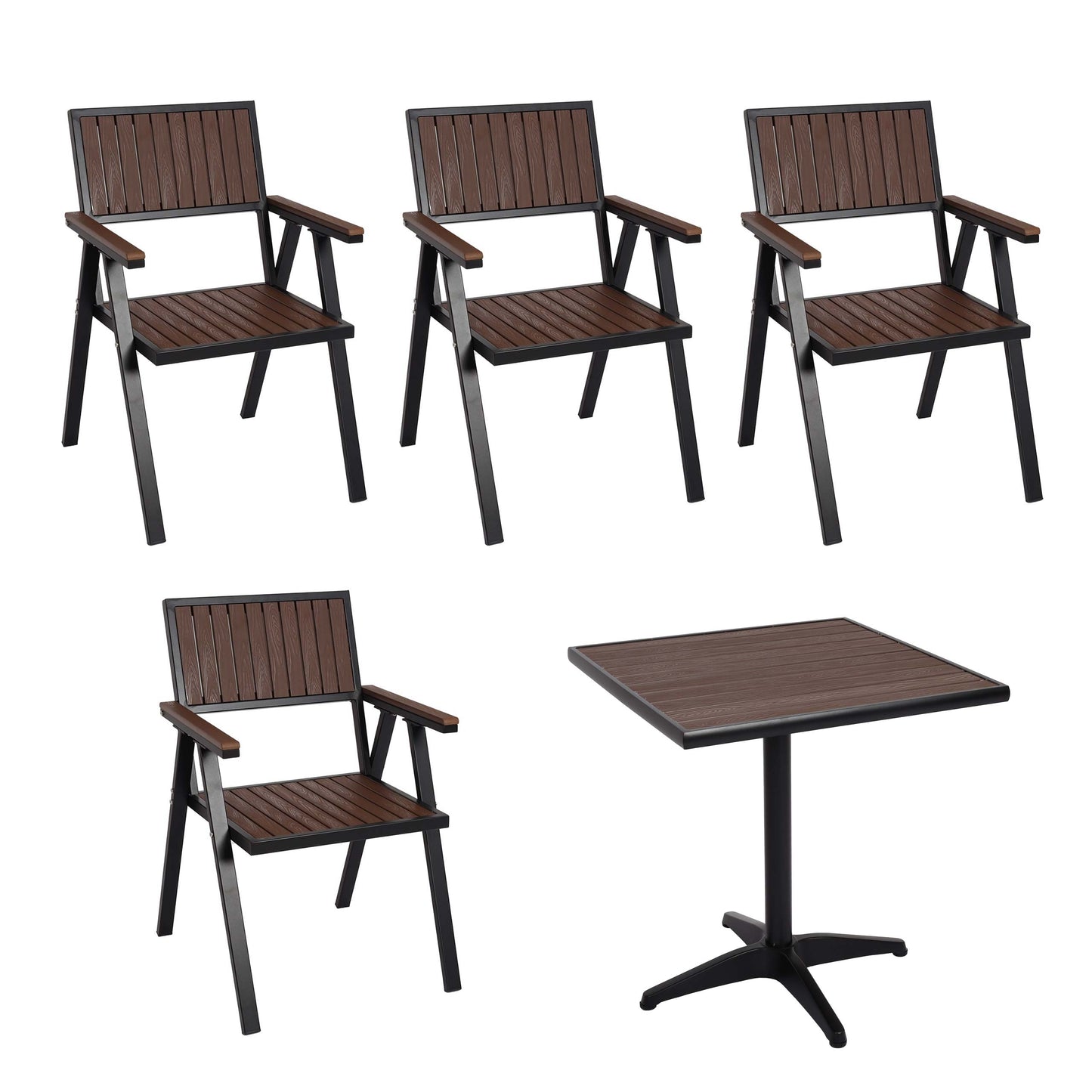 Cosmo Casa - Set van 4 Tuinstoelen en Tafel - Gastro Outdoor Coating - Aluminium Houtlook - Zwart & Donkerbruin