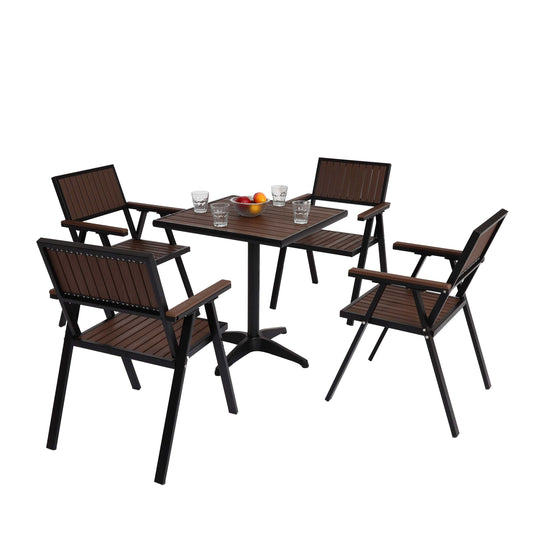Cosmo Casa - Set van 4 Tuinstoelen en Tafel - Gastro Outdoor Coating - Aluminium Houtlook - Zwart & Donkerbruin