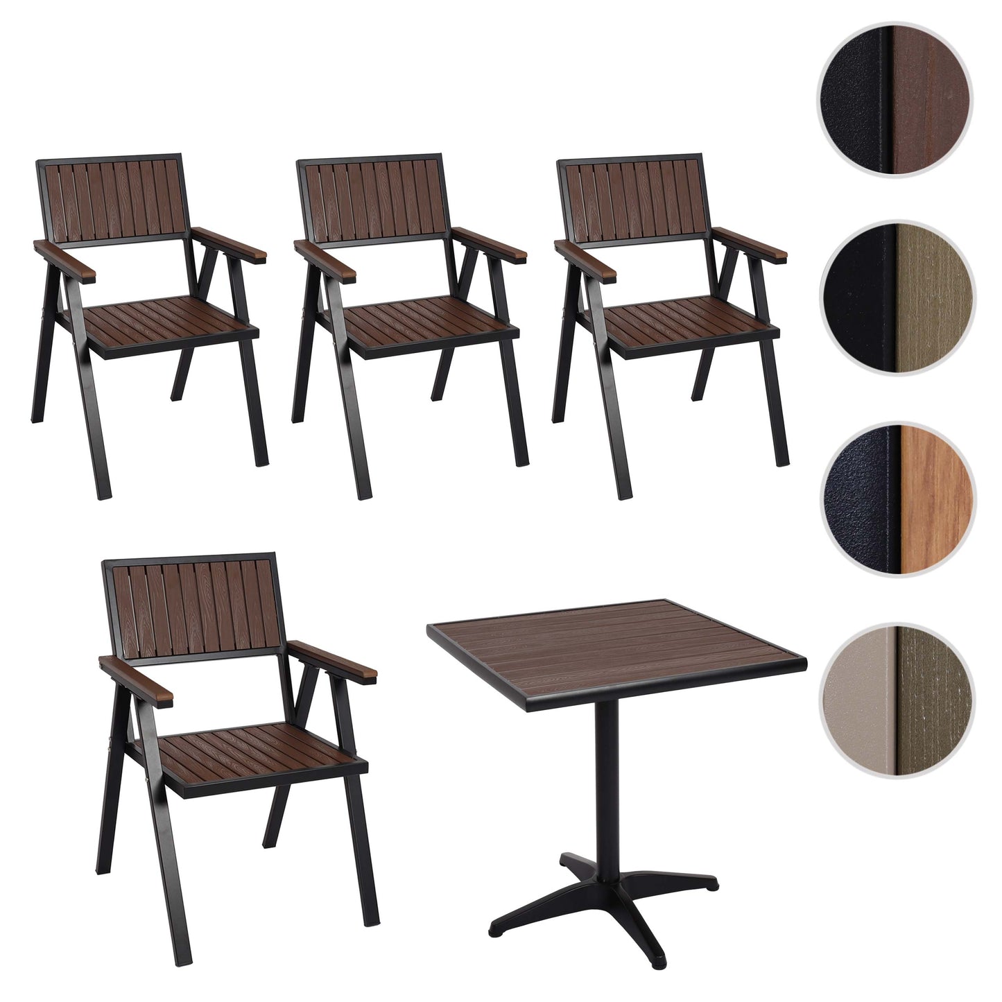 Cosmo Casa - Set van 4 Tuinstoelen en Tafel - Gastro Outdoor Coating - Aluminium Houtlook - Zwart & Donkerbruin