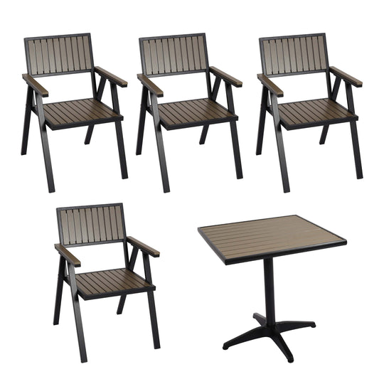 Cosmo Casa - Set van 4 Tuinstoelen en Tafel - Gastro Outdoor Coating - Aluminium Houtlook - Zwart & Grijs