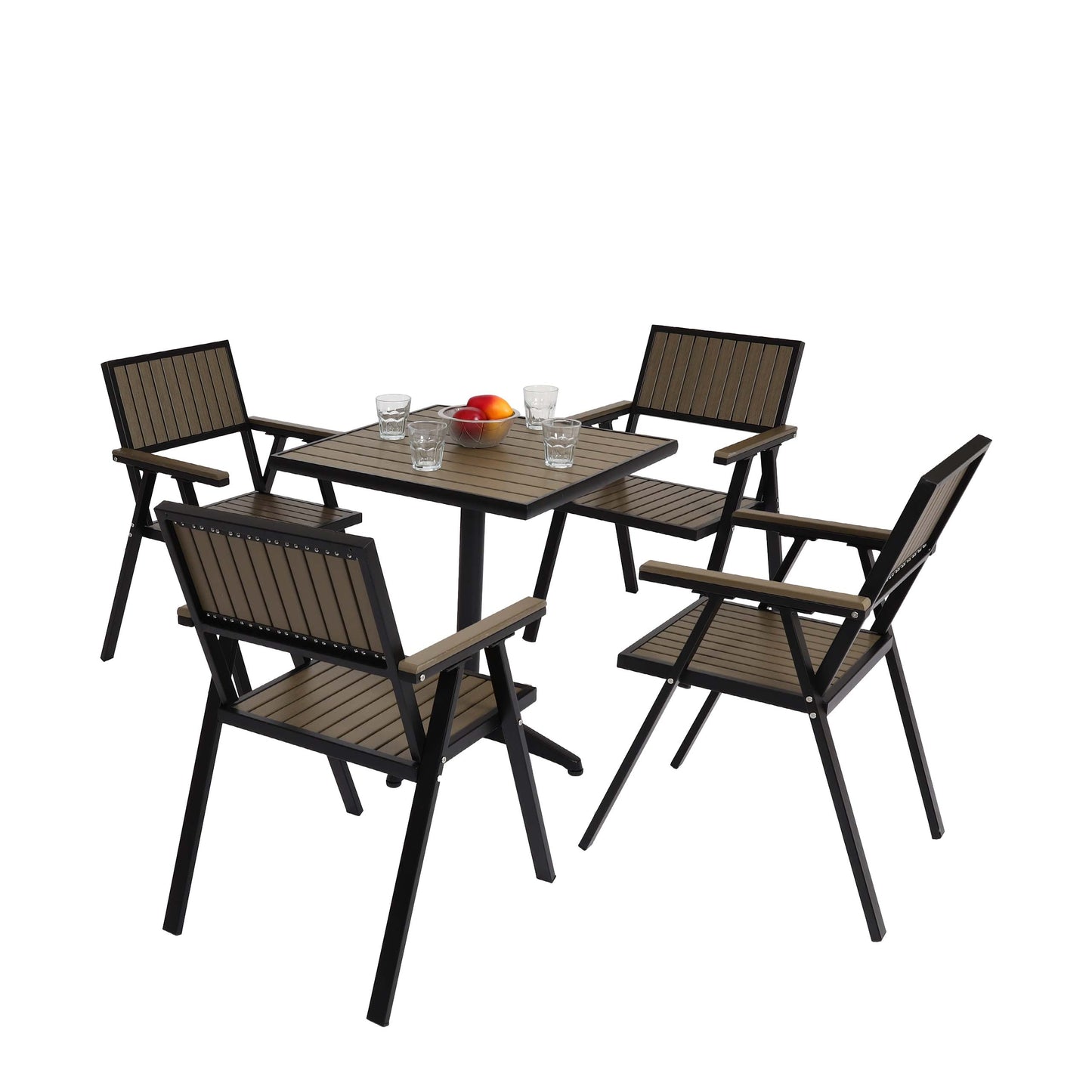 Cosmo Casa - Set van 4 Tuinstoelen en Tafel - Gastro Outdoor Coating - Aluminium Houtlook - Zwart & Grijs