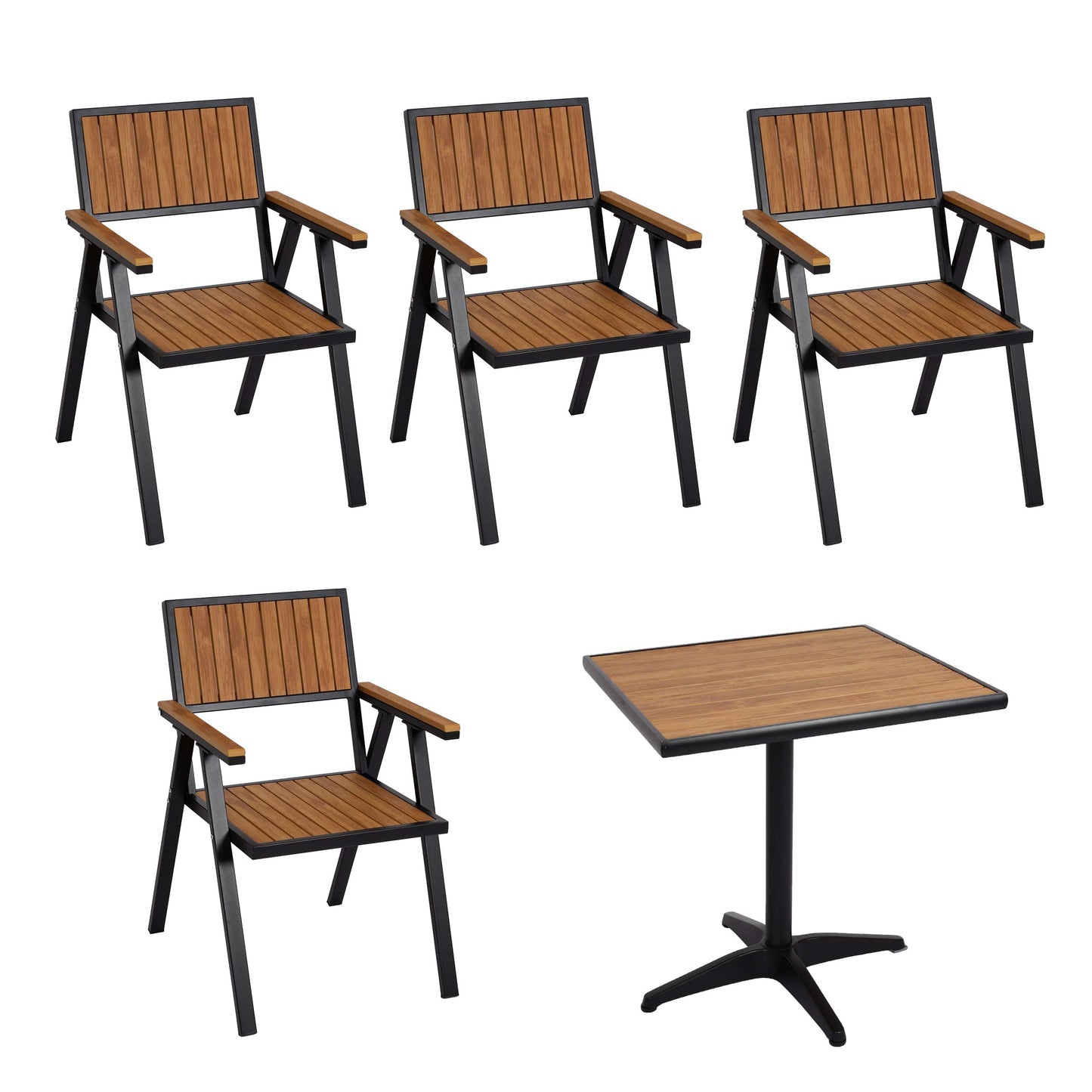 Cosmo Casa - Set van 4 Tuinstoelen en Tafel - Gastro Outdoor Coating - Aluminium Houtlook - Zwart & Teak