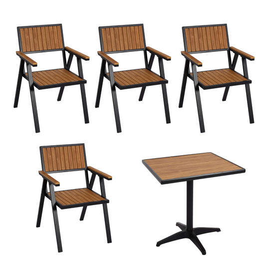 Cosmo Casa - Set van 4 Tuinstoelen en Tafel - Gastro Outdoor Coating - Aluminium Houtlook - Zwart & Teak