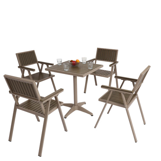 Cosmo Casa - Set van 4 Tuinstoelen en Tafel - Gastro Outdoor Coating - Aluminium Houtlook - Champagne & Grijs