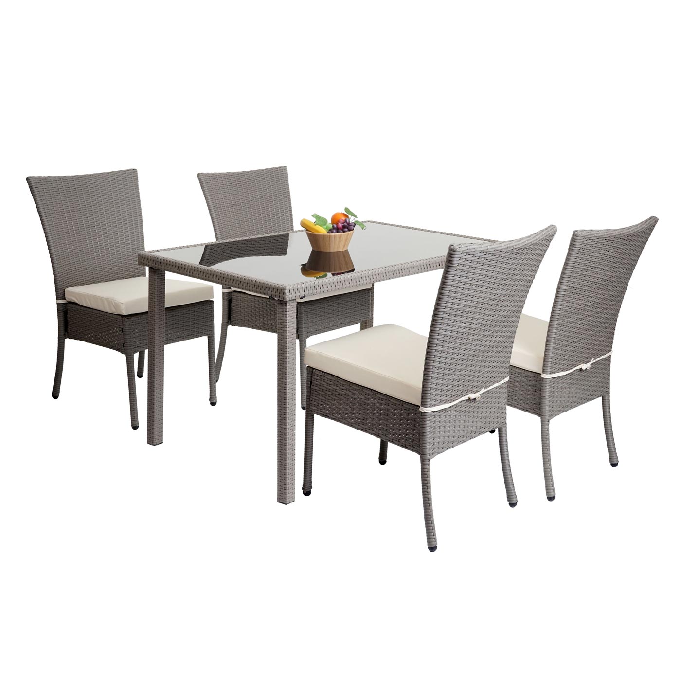 Cosmo Casa - Lounge-Set van 4 Stoelen en Tafel - Balkonloungeset - Polyrotan & Kussens - Grijs & Crèmewit