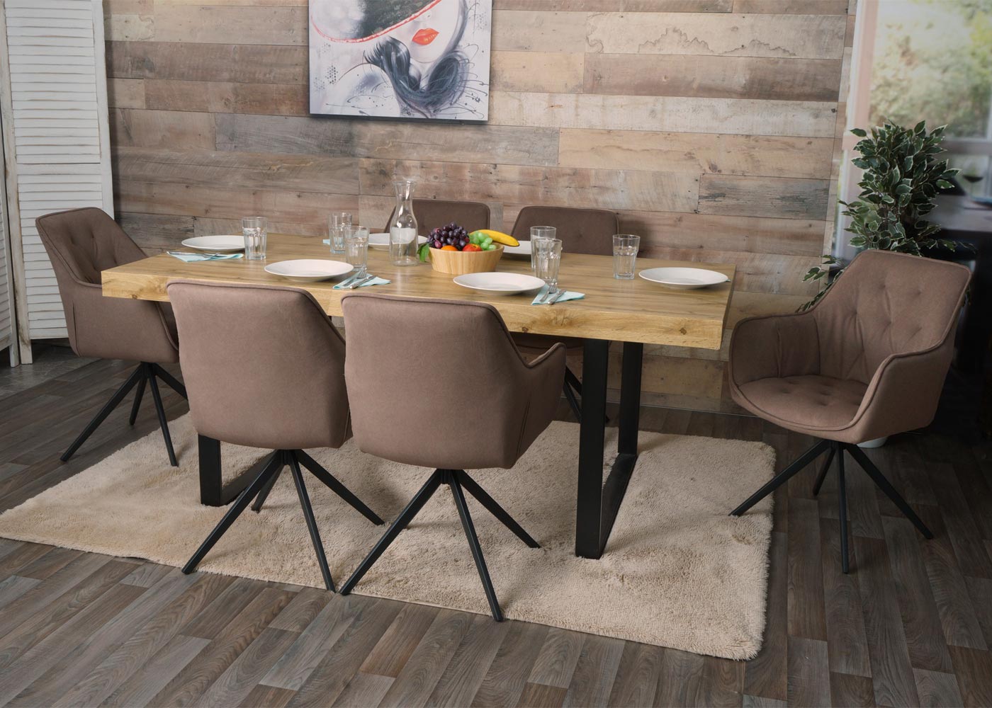 Cosmo Casa - Set van 6 Eetkamerstoelen - Gestoffeerd - Textiel - Bruin