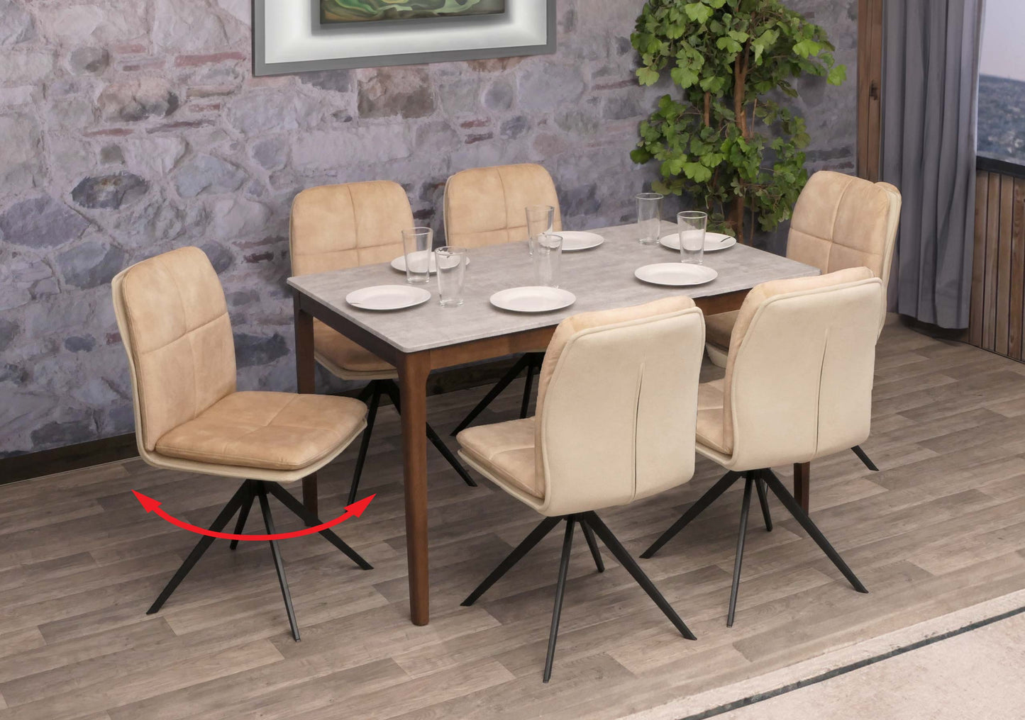 Cosmo Casa - Set van 6 Eetkamerstoelen - Keukenstoel - Fauteuil - Draaibaar Automatische Positie - Metaal - Stof - Beige