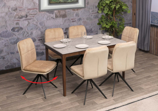 Cosmo Casa - Set van 6 Eetkamerstoelen - Keukenstoel - Fauteuil - Draaibaar Automatische Positie - Metaal - Stof - Beige