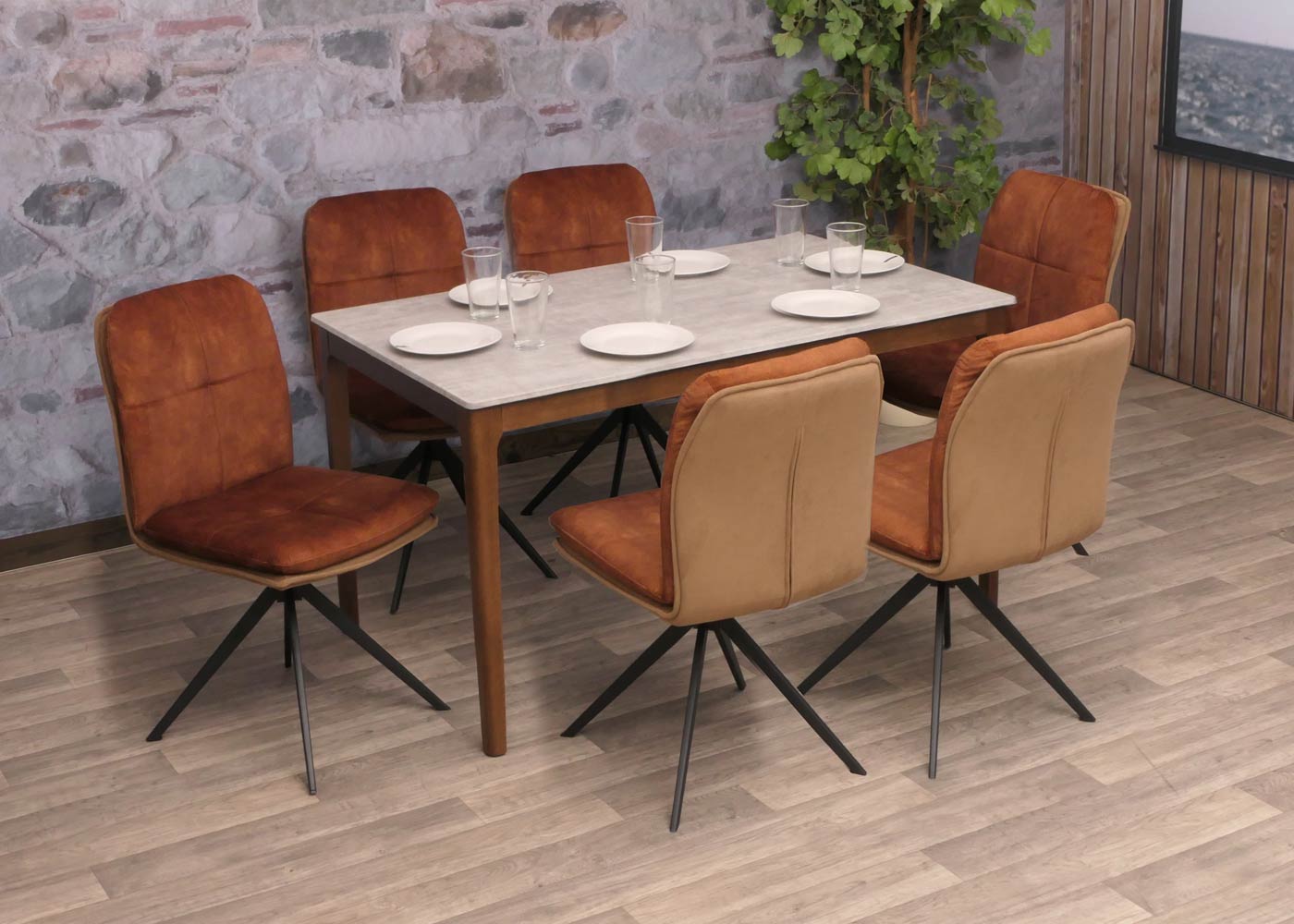 Cosmo Casa - Set van 6 Eetkamerstoelen - Keukenstoel - Fauteuil - Draaibaar Automatische Positie - Metaal - Stof - Bruin