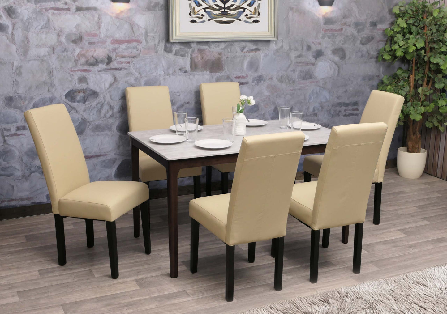 Cosmo Casa - Set van 6 Eetkamerstoelen - Massief Hout - Kunstleer - Crème - Zwarte Poten