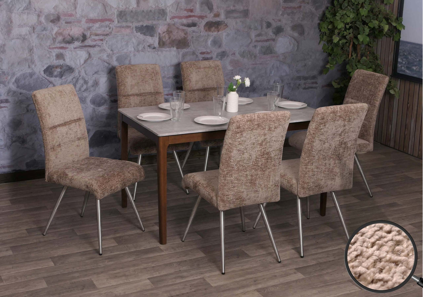 Cosmo Casa - Set van 6 Eetkamerstoelen - Geborsteld Roestvrij Staal - Textiel Chenille - Bruin