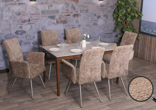 Cosmo Casa - Set van 6 Eetkamerstoelen met Armleuningen - Geborsteld Roestvrij Staal - Textiel Chenille - Bruin