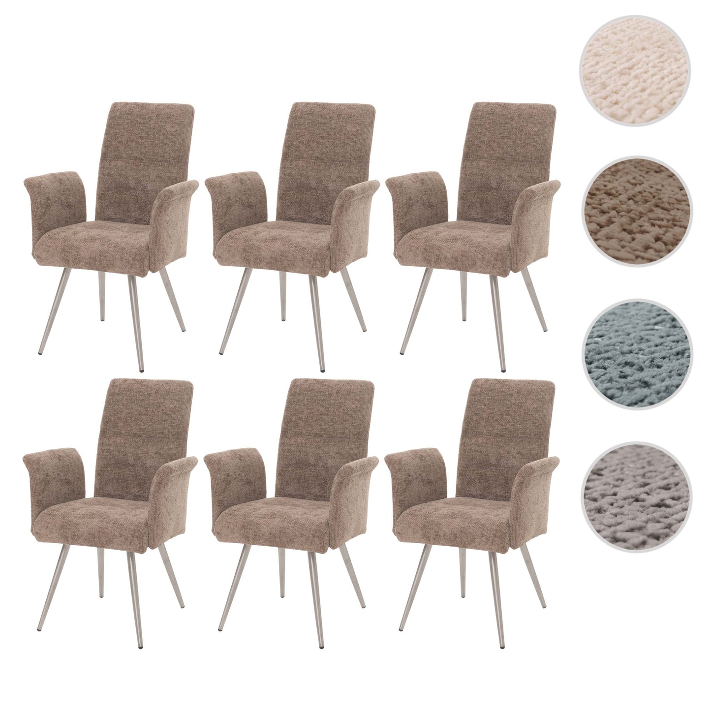 Cosmo Casa - Set van 6 Eetkamerstoelen met Armleuningen - Geborsteld Roestvrij Staal - Textiel Chenille - Bruin