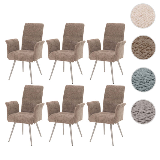 Cosmo Casa - Set van 6 Eetkamerstoelen met Armleuningen - Geborsteld Roestvrij Staal - Textiel Chenille - Bruin