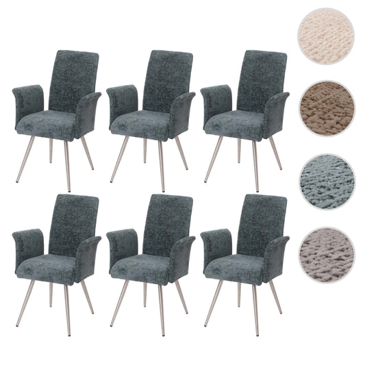 Cosmo Casa - Set van 6 Eetkamerstoelen met Armleuningen - Geborsteld Roestvrij Staal - Textiel Chenille - Blauwgroen