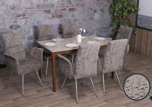 Cosmo Casa - Set van 6 Eetkamerstoelen met Armleuningen - Geborsteld Roestvrij Staal - Textiel Chenille - Donkergrijs