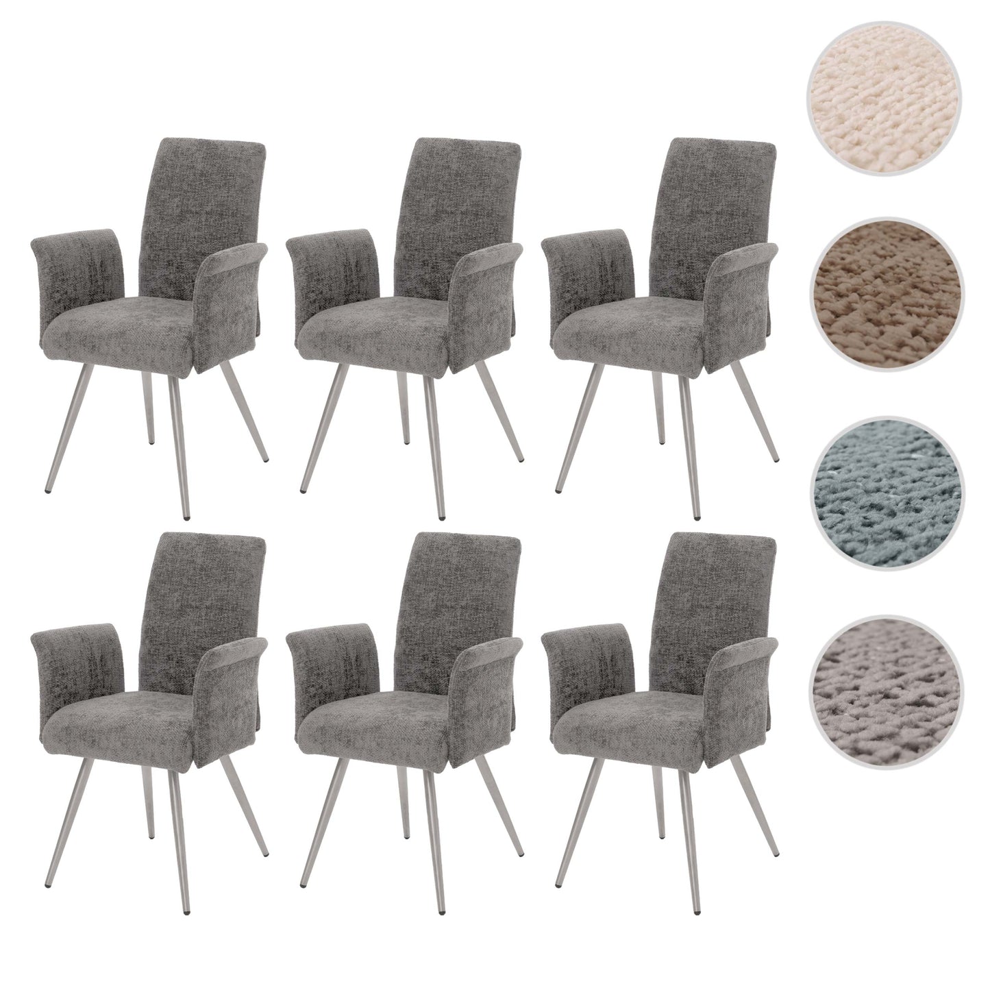 Cosmo Casa - Set van 6 Eetkamerstoelen met Armleuningen - Geborsteld Roestvrij Staal - Textiel Chenille - Donkergrijs