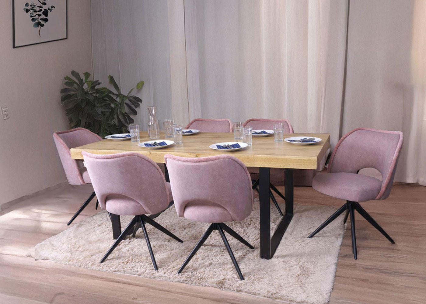 Cosmo Casa - Set van 6 Eetkamerstoelen - Gestoffeerde Draaibare Keukenstoelen - Textiel - Roze