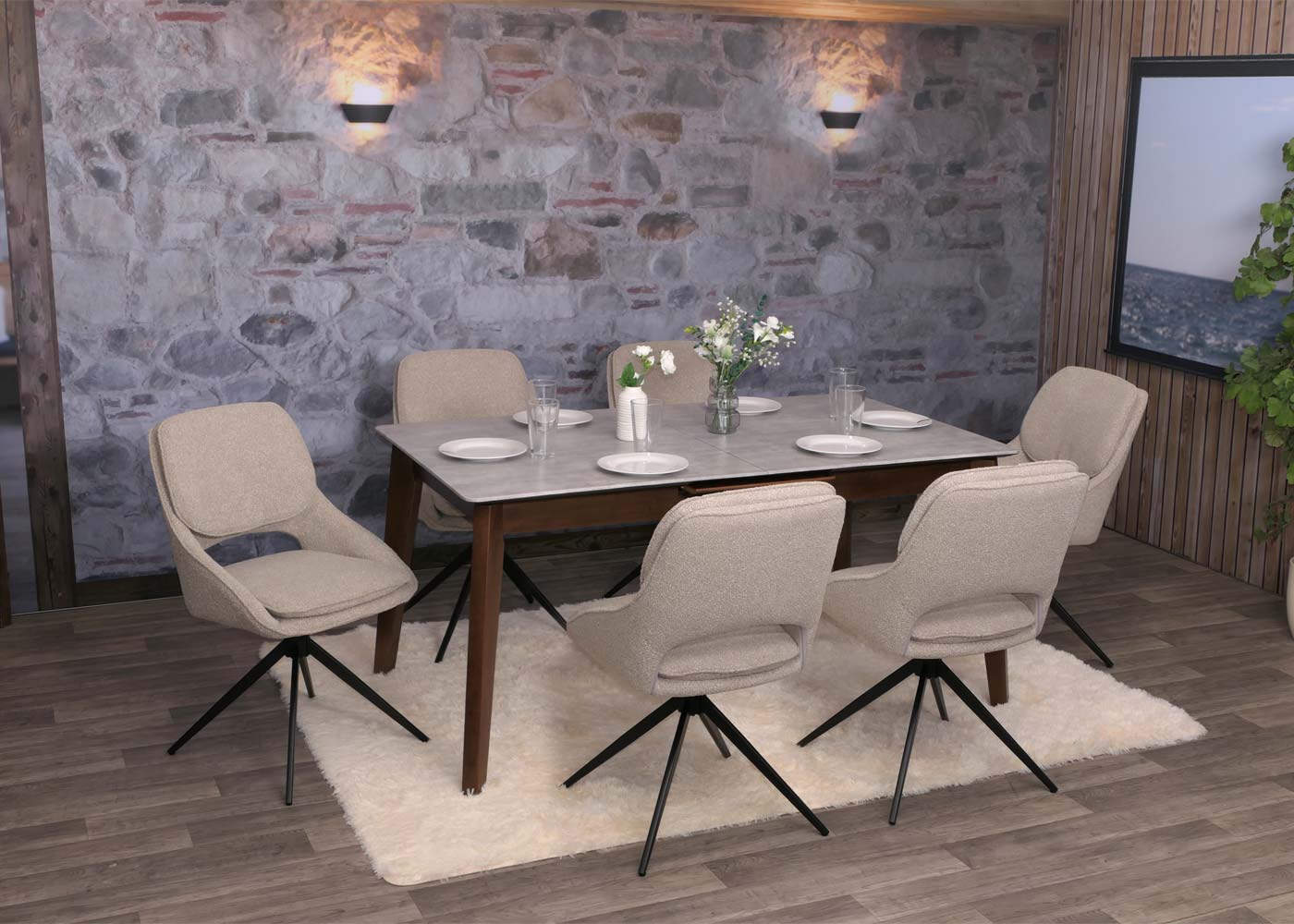 Cosmo Casa - Set van 6 Eetkamerstoelen - Keukenstoel - Draaibaar Auto-Return - Boucle Stof - Beige