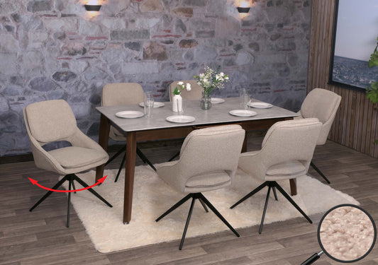 Cosmo Casa - Set van 6 Eetkamerstoelen - Keukenstoel - Draaibaar Auto-Return - Boucle Stof - Beige