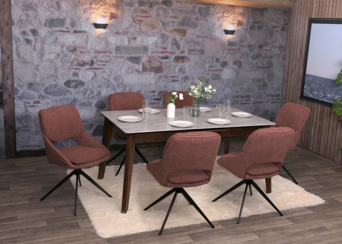 Cosmo Casa - Set van 6 Eetkamerstoelen - Keukenstoel - Draaibaar Auto-Return - Boucle Stof - Bruin