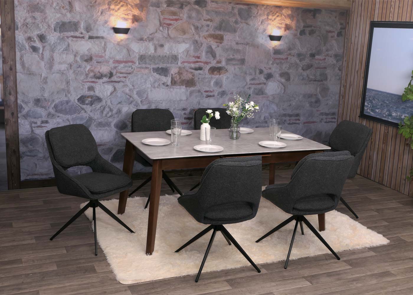 Cosmo Casa - Set van 6 Eetkamerstoelen - Keukenstoel - Draaibaar Auto-Return - Boucle Stof - Donkergrijs