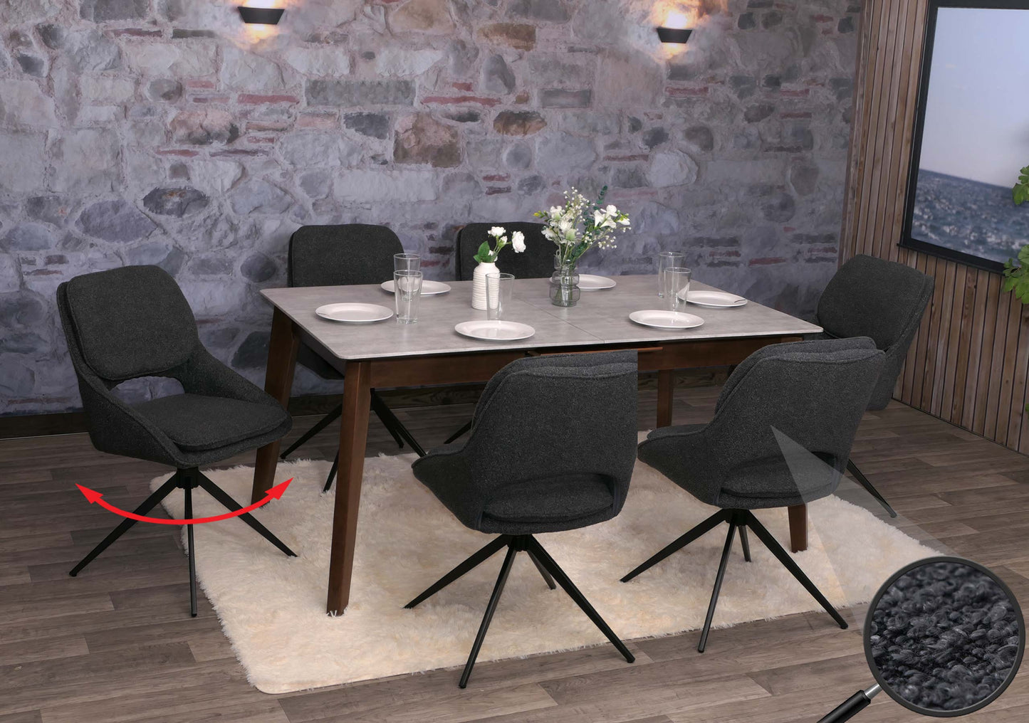 Cosmo Casa - Set van 6 Eetkamerstoelen - Keukenstoel - Draaibaar Auto-Return - Boucle Stof - Donkergrijs