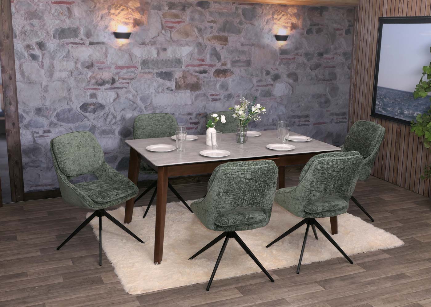 Cosmo Casa - Set van 6 Eetkamerstoelen - Keukenstoel - Draaibaar Auto-Return - Chenille Stof - Groen