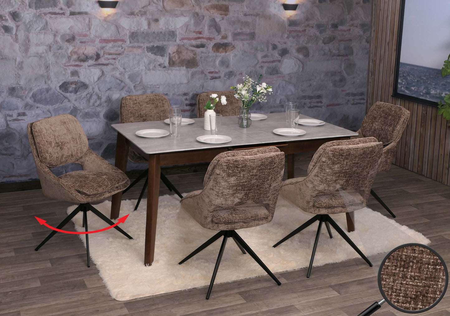 Cosmo Casa - Set van 6 Eetkamerstoelen - Keukenstoel - Draaibaar Auto-Return - Chenille Stof - Bruin