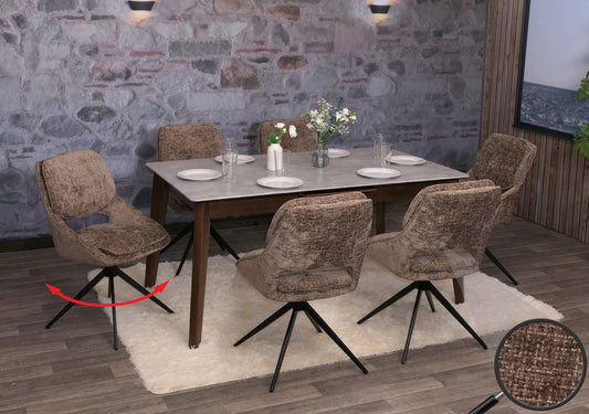 Cosmo Casa - Set van 6 Eetkamerstoelen - Keukenstoel - Draaibaar Auto-Return - Chenille Stof - Bruin