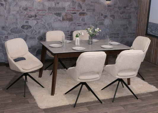 Cosmo Casa - Set van 6 Eetkamerstoelen - Keukenstoel - Draaibaar Auto-Return - Chenille Stof - Crème-Beige