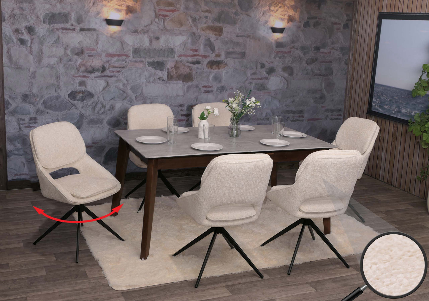 Cosmo Casa - Set van 6 Eetkamerstoelen - Keukenstoel - Draaibaar Auto-Return - Chenille Stof - Crème-Beige